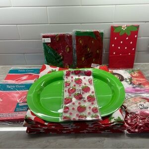 Strawberry Themed Party Set with Green Plates
